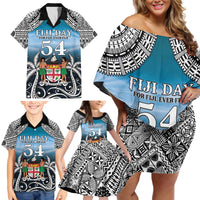 Personalised Happy 54th Fiji Day Family Matching Off Shoulder Short Dress and Hawaiian Shirt Forever Fiji With Tapa Tribal Pattern LT05 - Polynesian Pride