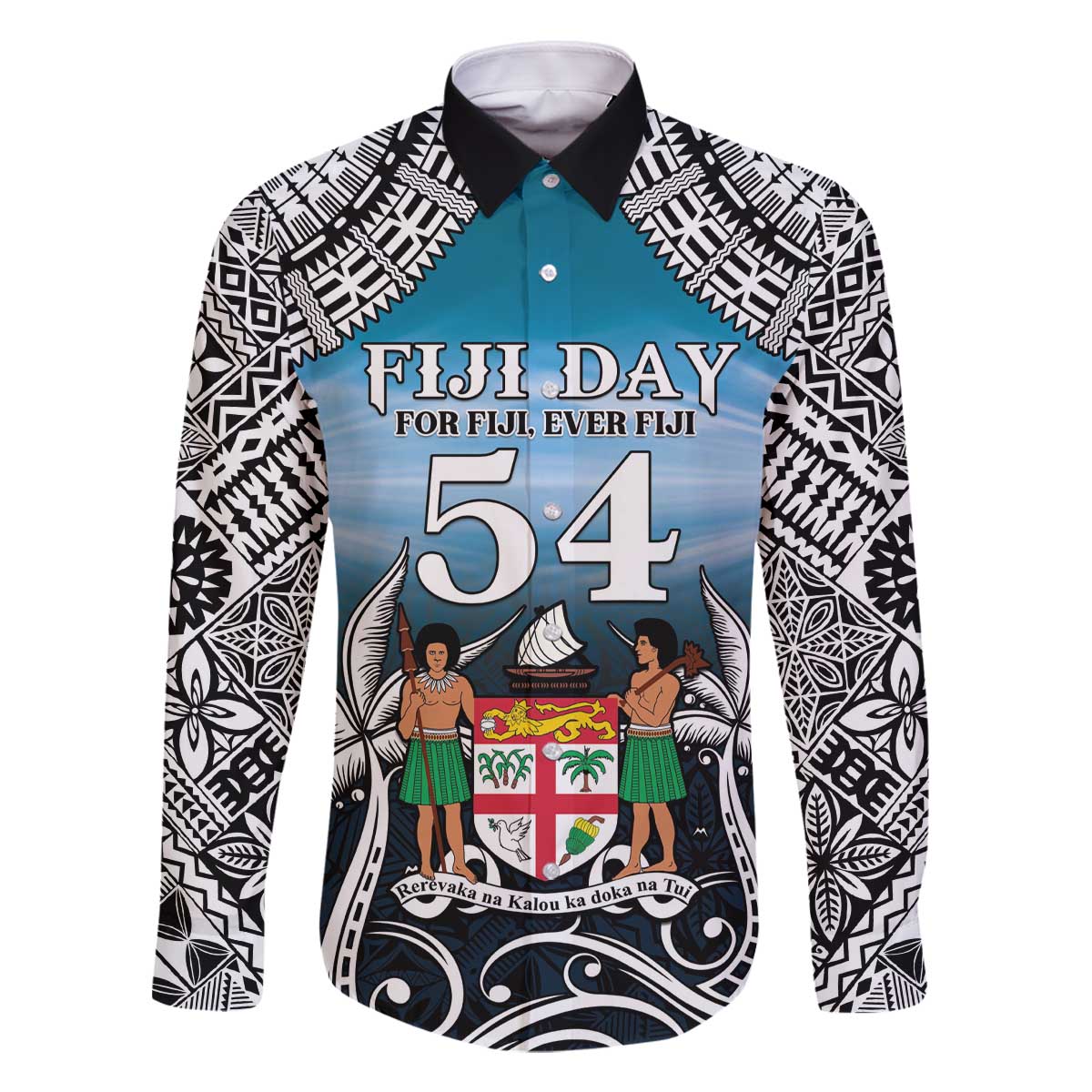 Personalised Happy 54th Fiji Day Family Matching Off Shoulder Short Dress and Hawaiian Shirt Forever Fiji With Tapa Tribal Pattern LT05 Dad's Shirt - Long Sleeve Blue - Polynesian Pride