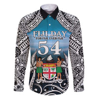 Personalised Happy 54th Fiji Day Family Matching Off Shoulder Short Dress and Hawaiian Shirt Forever Fiji With Tapa Tribal Pattern LT05 Dad's Shirt - Long Sleeve Blue - Polynesian Pride