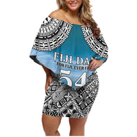Personalised Happy 54th Fiji Day Family Matching Off Shoulder Short Dress and Hawaiian Shirt Forever Fiji With Tapa Tribal Pattern LT05 Mom's Dress Blue - Polynesian Pride