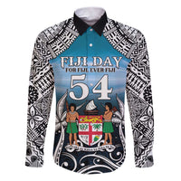 Personalised Happy 54th Fiji Day Family Matching Puletasi and Hawaiian Shirt Forever Fiji With Tapa Tribal Pattern LT05 Dad's Shirt - Long Sleeve Blue - Polynesian Pride