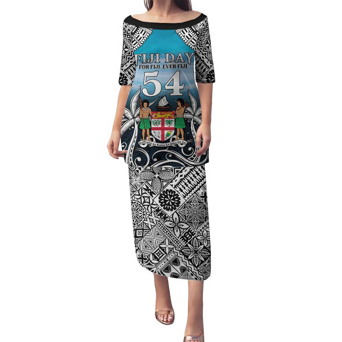 Personalised Happy 54th Fiji Day Family Matching Puletasi and Hawaiian Shirt Forever Fiji With Tapa Tribal Pattern LT05 Mom's Dress Blue - Polynesian Pride