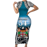 Personalised Happy 54th Fiji Day Family Matching Short Sleeve Bodycon Dress and Hawaiian Shirt Forever Fiji With Tapa Tribal Pattern LT05 Mom's Dress Blue - Polynesian Pride