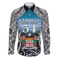 Personalised Happy 54th Fiji Day Family Matching Tank Maxi Dress and Hawaiian Shirt Forever Fiji With Tapa Tribal Pattern LT05 Dad's Shirt - Long Sleeve Blue - Polynesian Pride