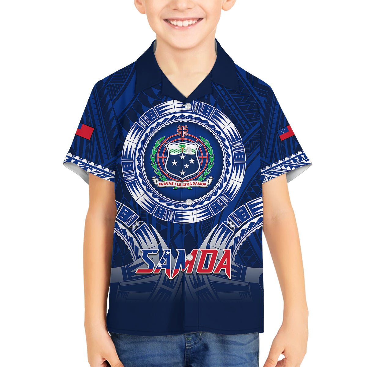 Custom Samoa Rugby Family Matching Off Shoulder Maxi Dress and Hawaiian Shirt World Cup 2023 Coat Of Arms With Polynesian Pattern LT05 Son's Shirt Blue - Polynesian Pride