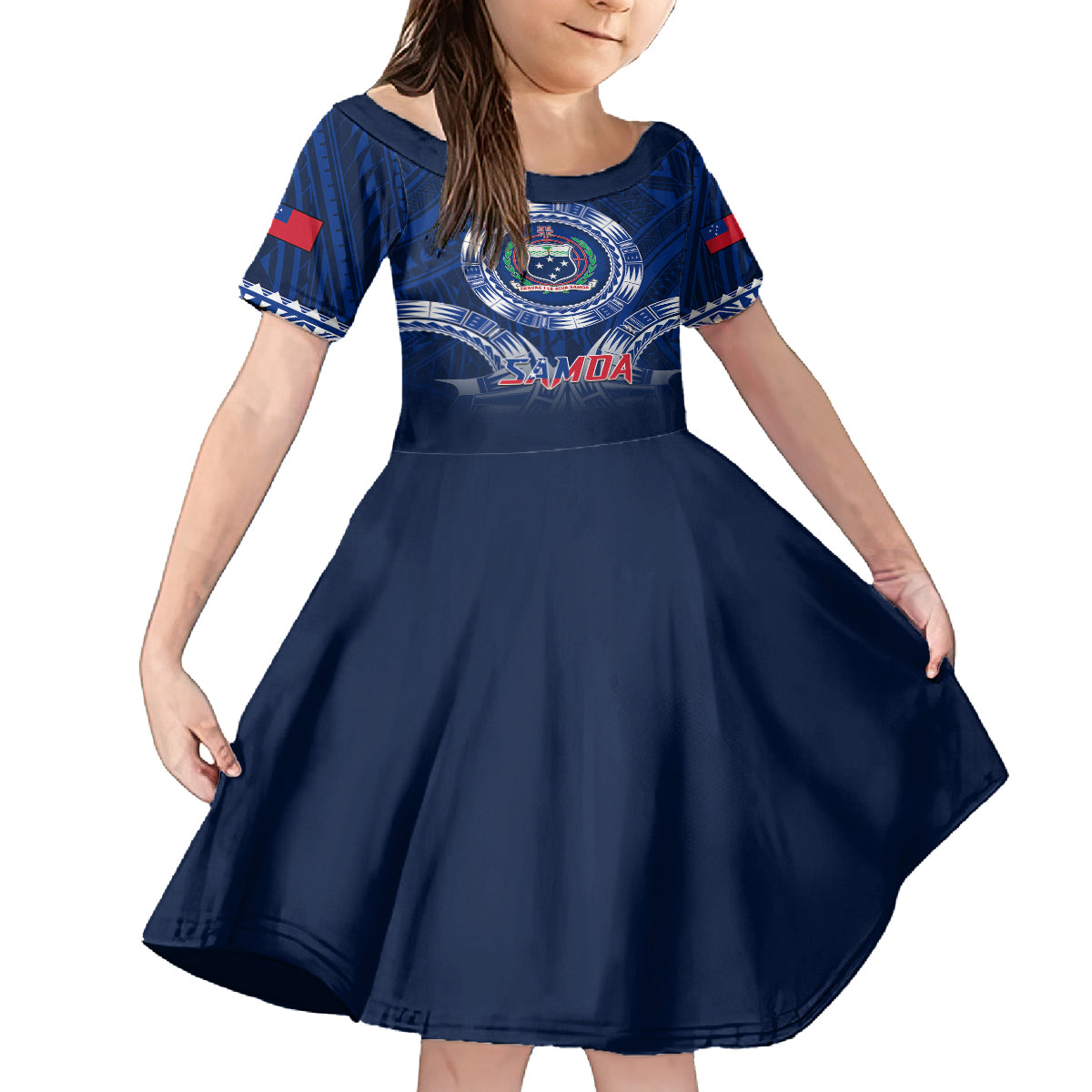 Custom Samoa Rugby Family Matching Puletasi Dress and Hawaiian Shirt World Cup 2023 Coat Of Arms With Polynesian Pattern LT05 Daughter's Dress Blue - Polynesian Pride