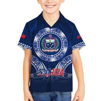 Custom Samoa Rugby Family Matching Short Sleeve Bodycon Dress and Hawaiian Shirt World Cup 2023 Coat Of Arms With Polynesian Pattern LT05 Son's Shirt Blue - Polynesian Pride
