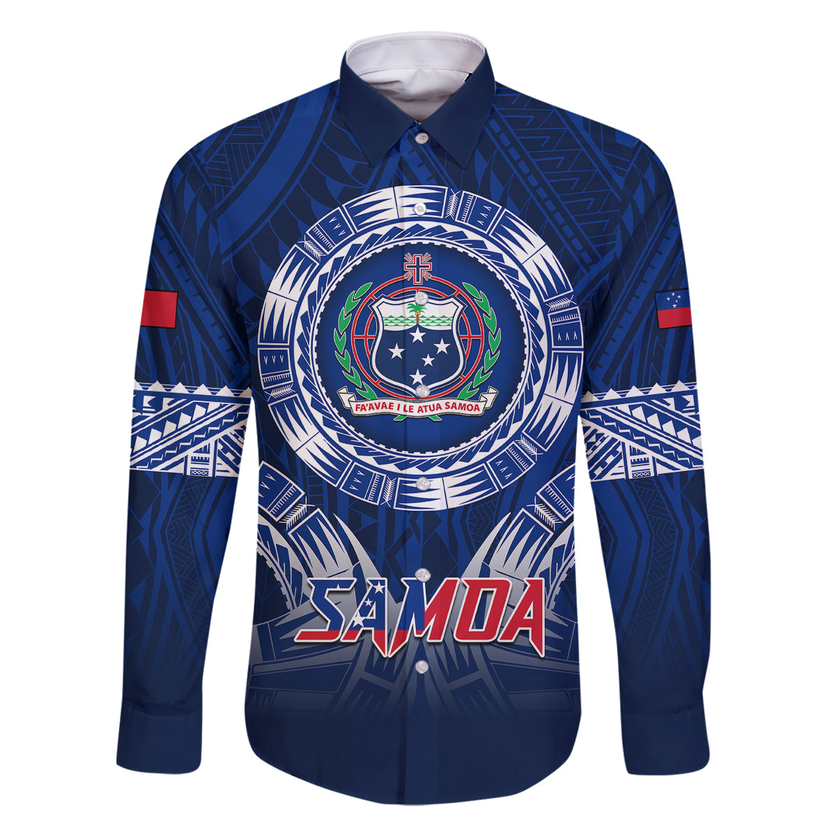 Custom Samoa Rugby Family Matching Tank Maxi Dress and Hawaiian Shirt World Cup 2023 Coat Of Arms With Polynesian Pattern LT05 Dad's Shirt - Long Sleeve Blue - Polynesian Pride