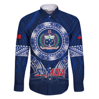 Custom Samoa Rugby Family Matching Tank Maxi Dress and Hawaiian Shirt World Cup 2023 Coat Of Arms With Polynesian Pattern LT05 Dad's Shirt - Long Sleeve Blue - Polynesian Pride