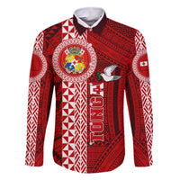 Tonga Rugby Family Matching Off Shoulder Short Dress and Hawaiian Shirt World Cup 2023 Coat Of Arms Ngatu Pattern LT05 Dad's Shirt - Long Sleeve Red - Polynesian Pride