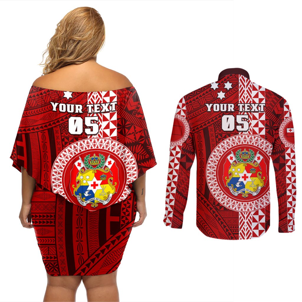 Custom Tonga Rugby Couples Matching Off Shoulder Short Dress and Long Sleeve Button Shirts World Cup 2023 Coat Of Arms Ngatu Pattern LT05 - Polynesian Pride