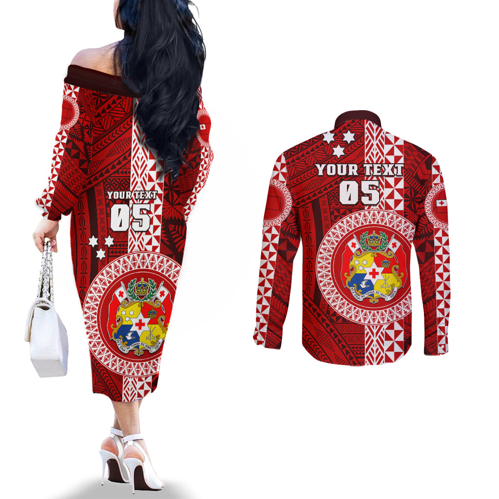 Custom Tonga Rugby Couples Matching Off The Shoulder Long Sleeve Dress and Long Sleeve Button Shirts World Cup 2023 Coat Of Arms Ngatu Pattern LT05 - Polynesian Pride