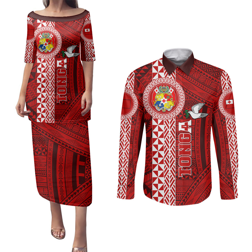 Custom Tonga Rugby Couples Matching Puletasi Dress and Long Sleeve Button Shirts World Cup 2023 Coat Of Arms Ngatu Pattern LT05 Red - Polynesian Pride