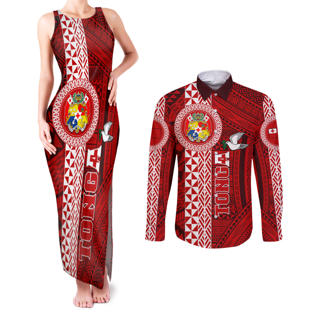 Custom Tonga Rugby Couples Matching Tank Maxi Dress and Long Sleeve Button Shirts World Cup 2023 Coat Of Arms Ngatu Pattern LT05 Red - Polynesian Pride