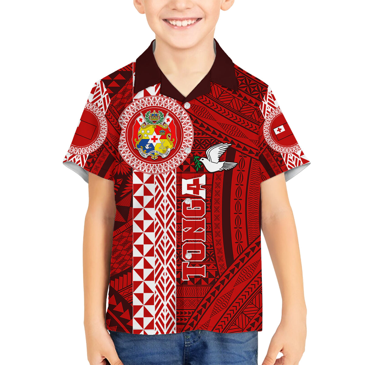 Custom Tonga Rugby Family Matching Mermaid Dress and Hawaiian Shirt World Cup 2023 Coat Of Arms Ngatu Pattern LT05 Son's Shirt Red - Polynesian Pride