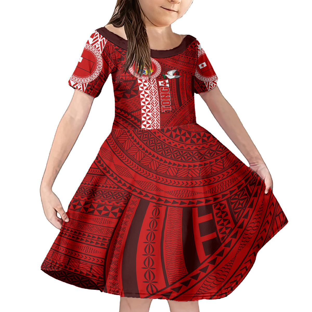 Custom Tonga Rugby Family Matching Tank Maxi Dress and Hawaiian Shirt World Cup 2023 Coat Of Arms Ngatu Pattern LT05 Daughter's Dress Red - Polynesian Pride