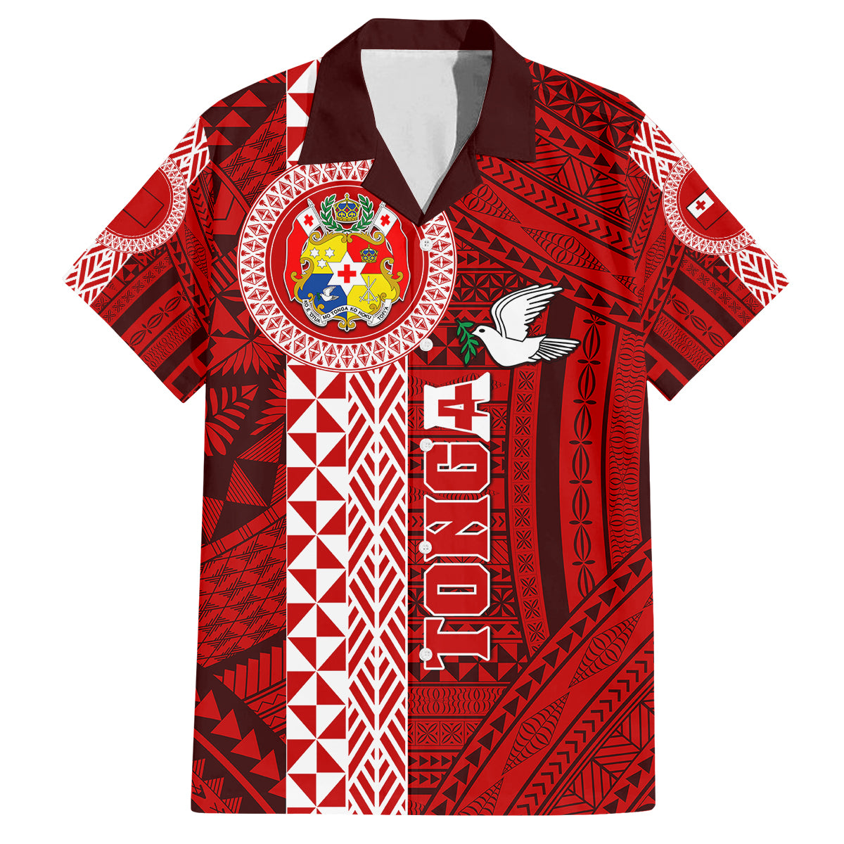 Custom Tonga Rugby Family Matching Tank Maxi Dress and Hawaiian Shirt World Cup 2023 Coat Of Arms Ngatu Pattern LT05 Dad's Shirt - Short Sleeve Red - Polynesian Pride