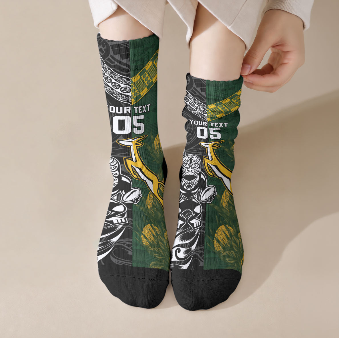 Custom Rugby New Zealand South Africa Crew Socks Maori Tiki Springboks Together LT05 Crew Socks Black - Polynesian Pride
