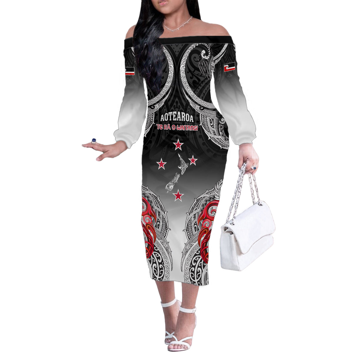 Personalised New Zealand Waitangi Day Family Matching Off Shoulder Long Sleeve Dress and Hawaiian Shirt Aotearoa Te Ra O Waitangi Manaia Maori Pattern LT05 Mom's Dress Black - Polynesian Pride