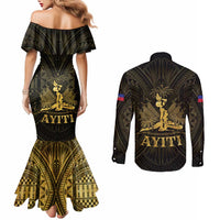 Haiti 1804 Couples Matching Mermaid Dress and Long Sleeve Button Shirt Polynesian Gold Neg Maron