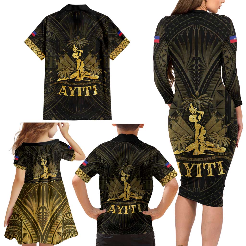 Haiti 1804 Family Matching Long Sleeve Bodycon Dress and Hawaiian Shirt Polynesian Gold Neg Maron LT05 - Polynesian Pride