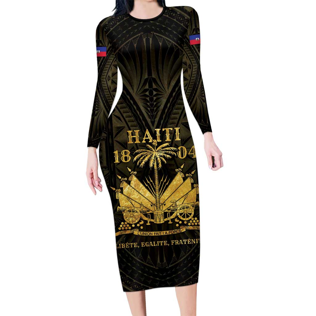 Haiti 1804 Family Matching Long Sleeve Bodycon Dress and Hawaiian Shirt Polynesian Gold Neg Maron LT05 Mom's Dress Gold - Polynesian Pride