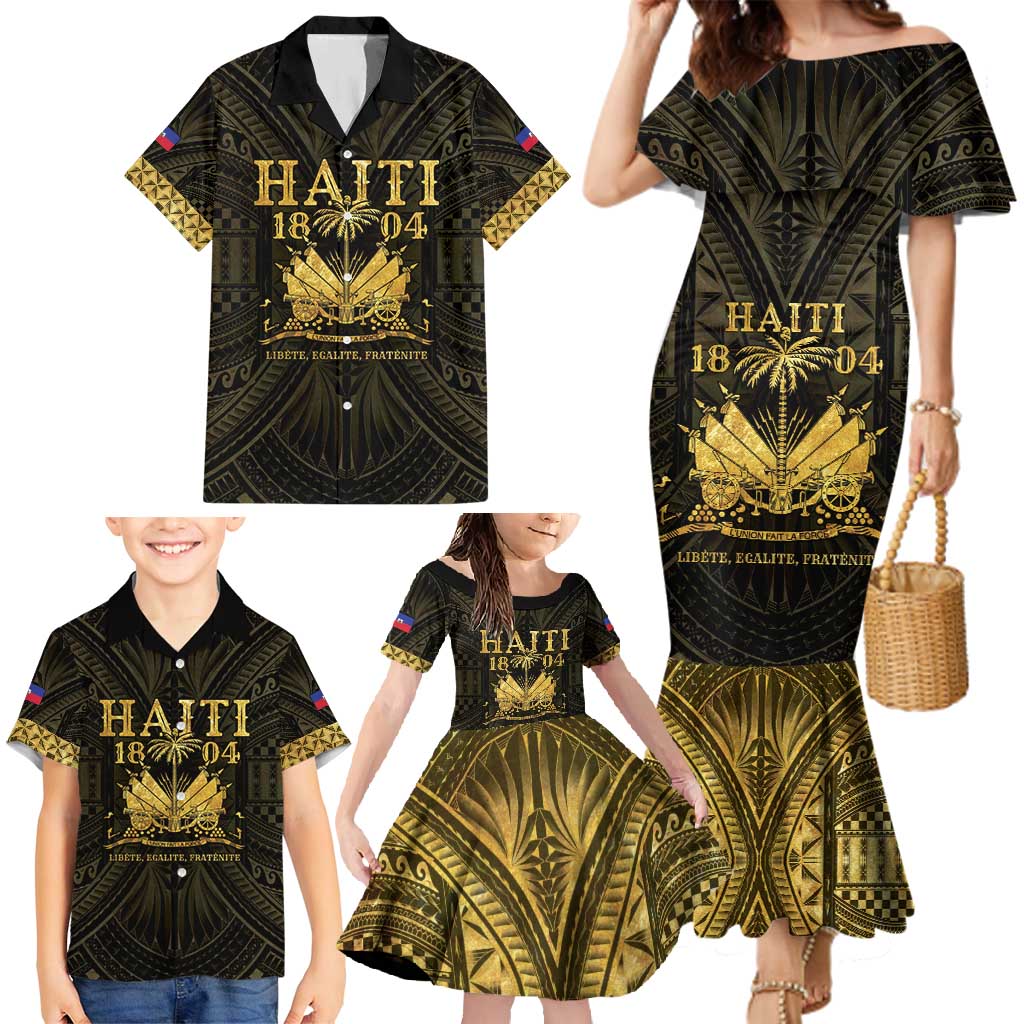 Haiti 1804 Family Matching Mermaid Dress and Hawaiian Shirt Polynesian Gold Neg Maron LT05 - Polynesian Pride
