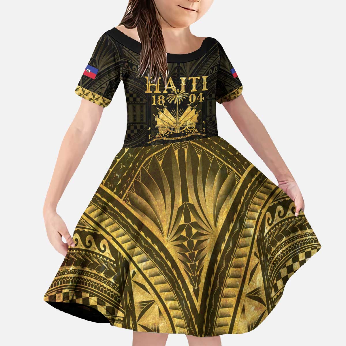 Haiti 1804 Family Matching Off The Shoulder Long Sleeve Dress and Hawaiian Shirt Polynesian Gold Neg Maron LT05 Daughter's Dress Gold - Polynesian Pride