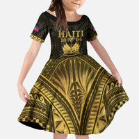 Haiti 1804 Family Matching Off The Shoulder Long Sleeve Dress and Hawaiian Shirt Polynesian Gold Neg Maron LT05 Daughter's Dress Gold - Polynesian Pride