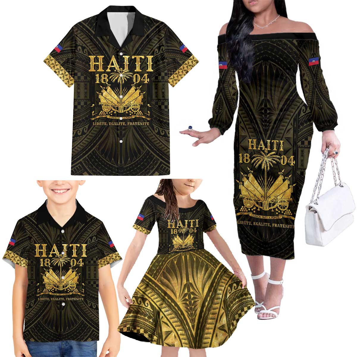 Haiti 1804 Family Matching Off The Shoulder Long Sleeve Dress and Hawaiian Shirt Polynesian Gold Neg Maron LT05 - Polynesian Pride