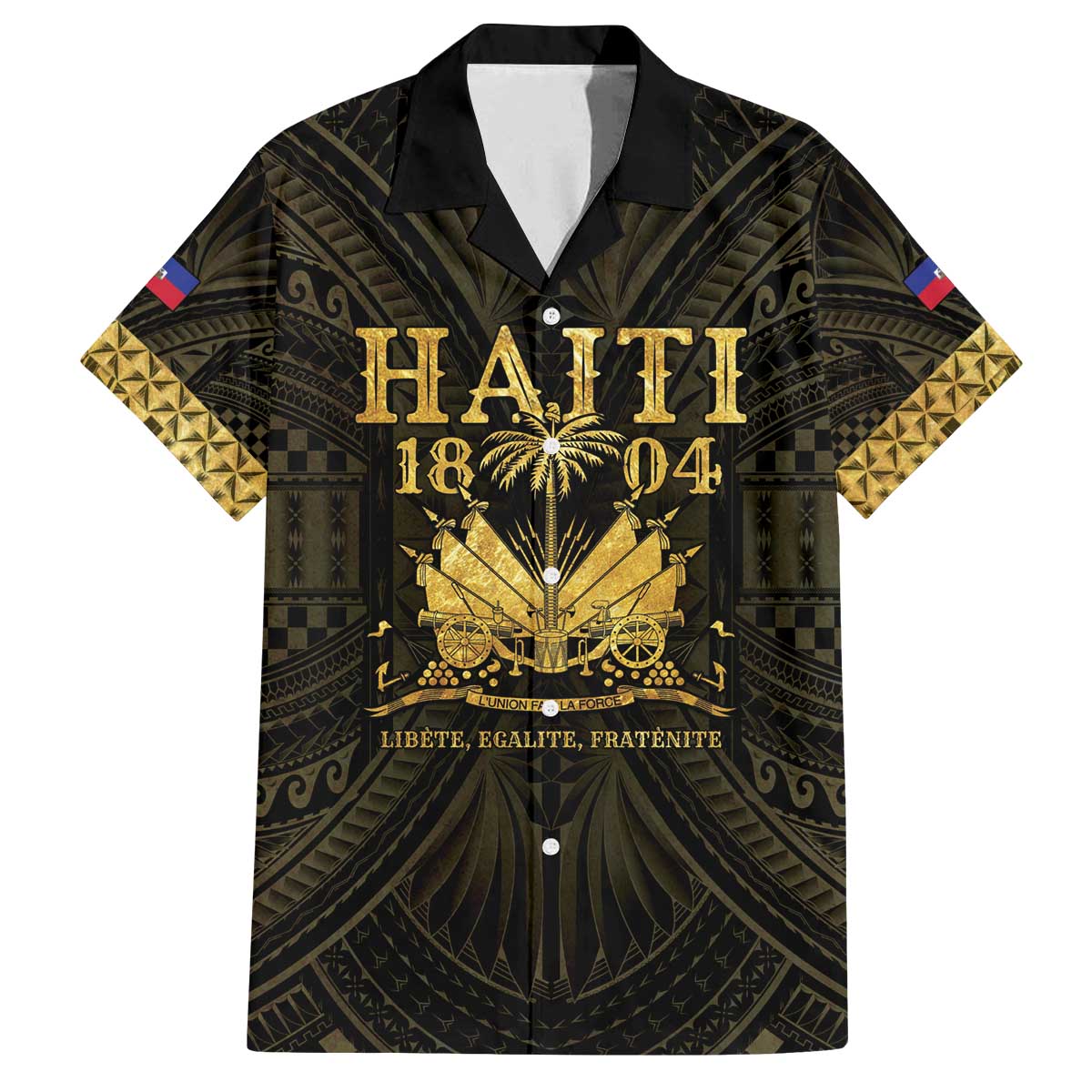 Haiti 1804 Family Matching Off The Shoulder Long Sleeve Dress and Hawaiian Shirt Polynesian Gold Neg Maron LT05 Dad's Shirt - Short Sleeve Gold - Polynesian Pride