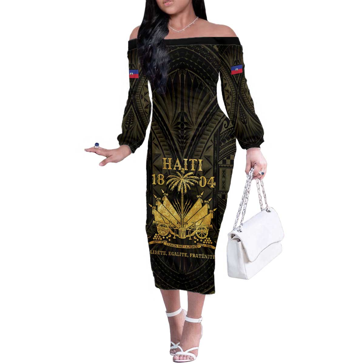 Haiti 1804 Family Matching Off The Shoulder Long Sleeve Dress and Hawaiian Shirt Polynesian Gold Neg Maron LT05 Mom's Dress Gold - Polynesian Pride