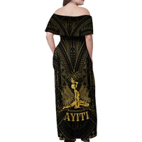 Haiti 1804 Family Matching Off Shoulder Maxi Dress and Hawaiian Shirt Polynesian Gold Neg Maron LT05 - Polynesian Pride