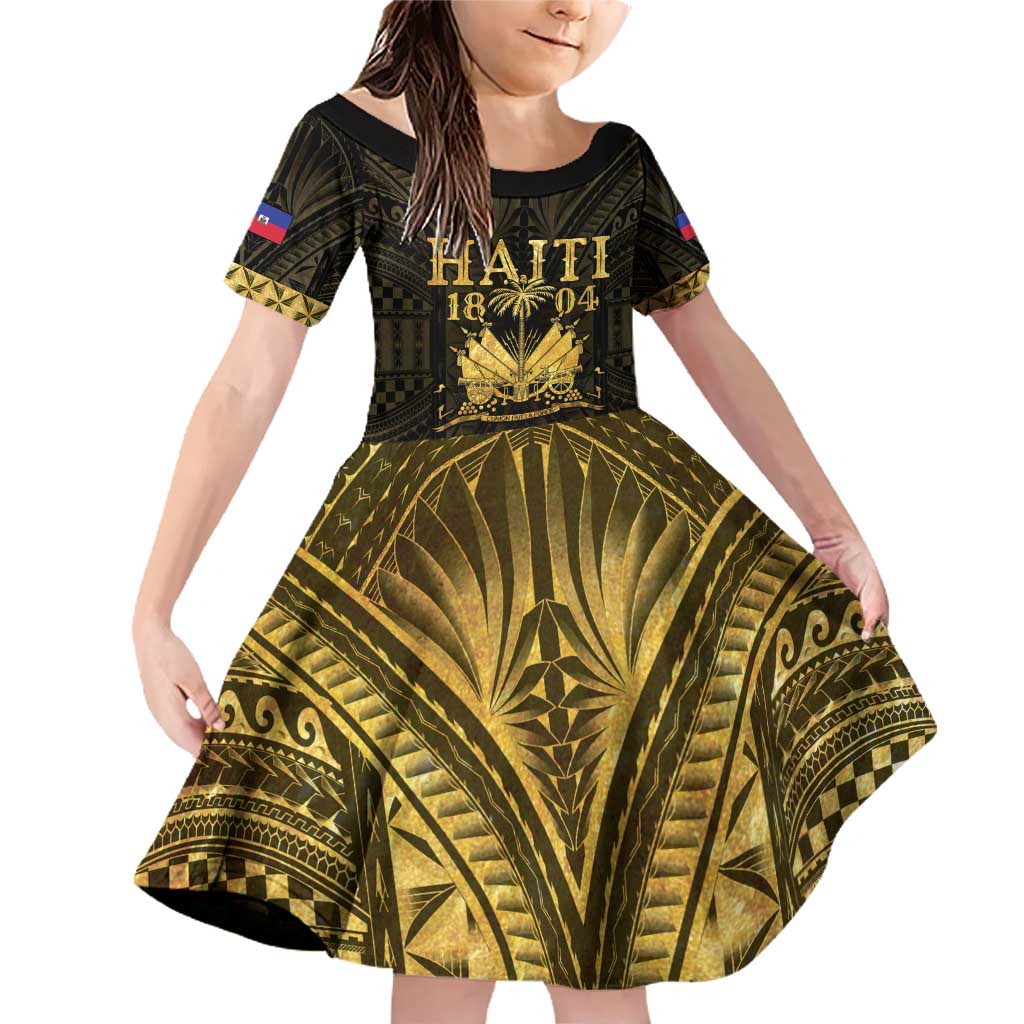 Haiti 1804 Family Matching Off Shoulder Short Dress and Hawaiian Shirt Polynesian Gold Neg Maron LT05 Daughter's Dress Gold - Polynesian Pride