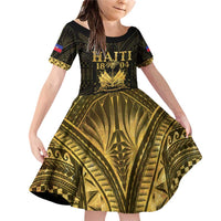 Haiti 1804 Family Matching Off Shoulder Short Dress and Hawaiian Shirt Polynesian Gold Neg Maron LT05 Daughter's Dress Gold - Polynesian Pride