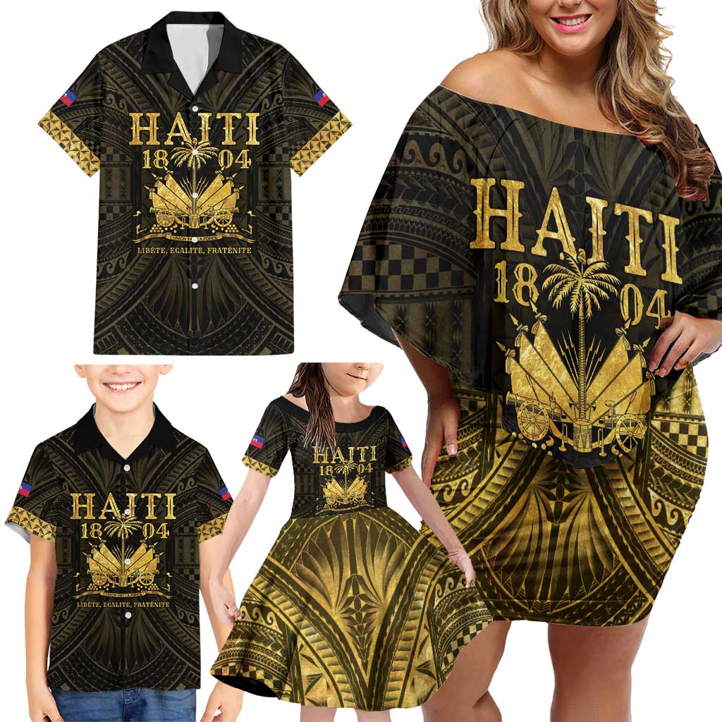 Haiti 1804 Family Matching Off Shoulder Short Dress and Hawaiian Shirt Polynesian Gold Neg Maron LT05 - Polynesian Pride
