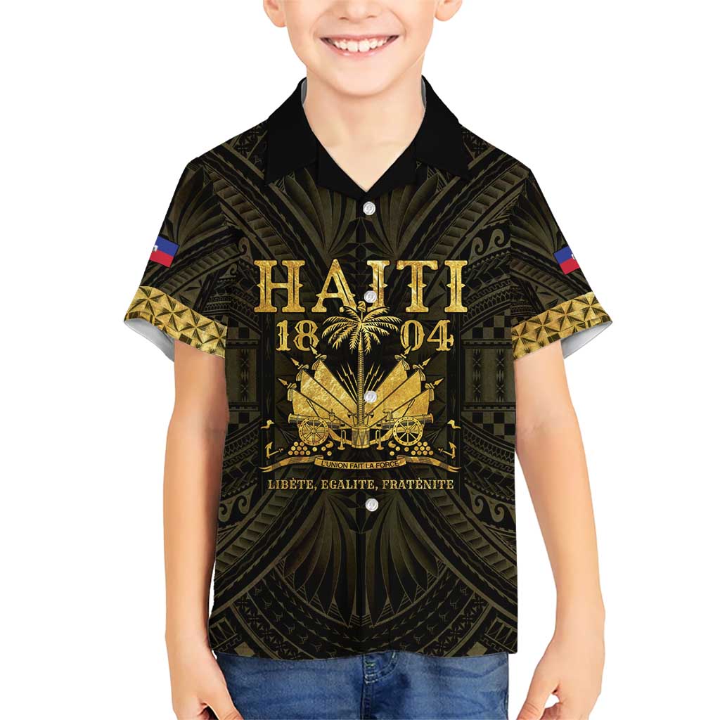 Haiti 1804 Family Matching Short Sleeve Bodycon Dress and Hawaiian Shirt Polynesian Gold Neg Maron LT05 Son's Shirt Gold - Polynesian Pride