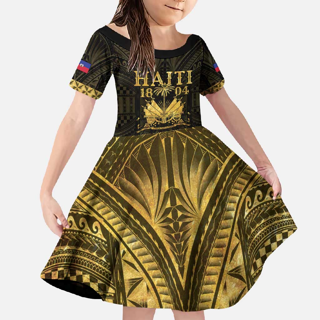 Haiti 1804 Family Matching Summer Maxi Dress and Hawaiian Shirt Polynesian Gold Neg Maron LT05 Daughter's Dress Gold - Polynesian Pride