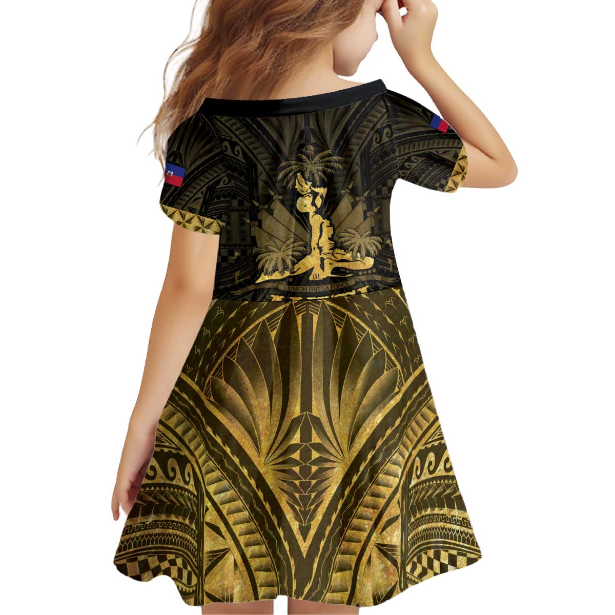 Haiti 1804 Kid Short Sleeve Dress Polynesian Gold Neg Maron