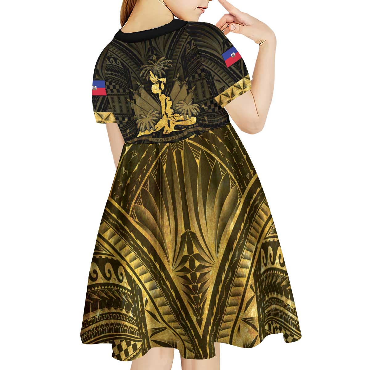 Haiti 1804 Kid Short Sleeve Dress Polynesian Gold Neg Maron