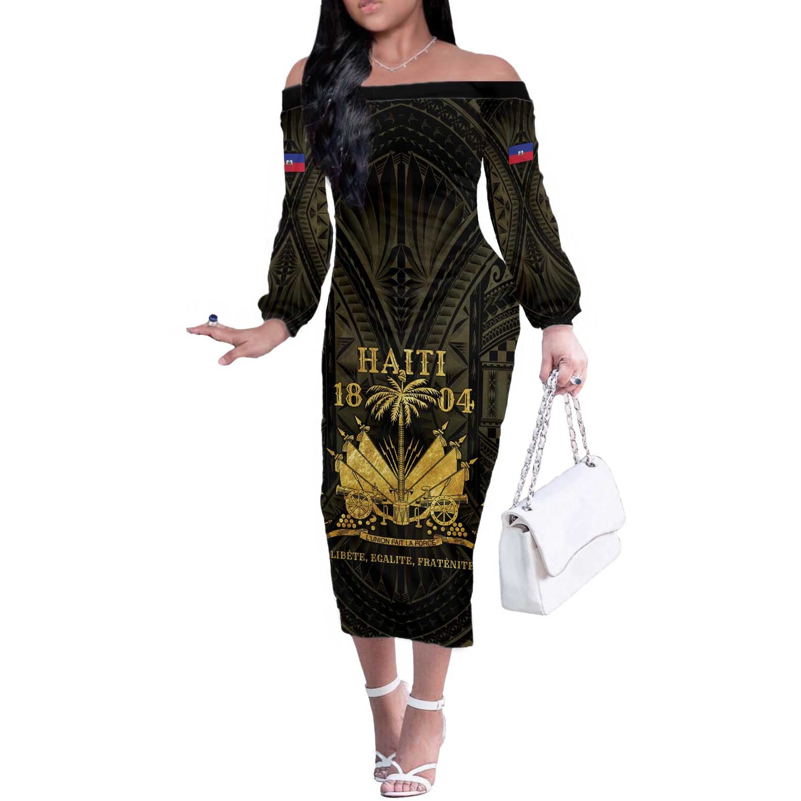 Haiti 1804 Off The Shoulder Long Sleeve Dress Polynesian Gold Neg Maron LT05 Women Gold - Polynesian Pride