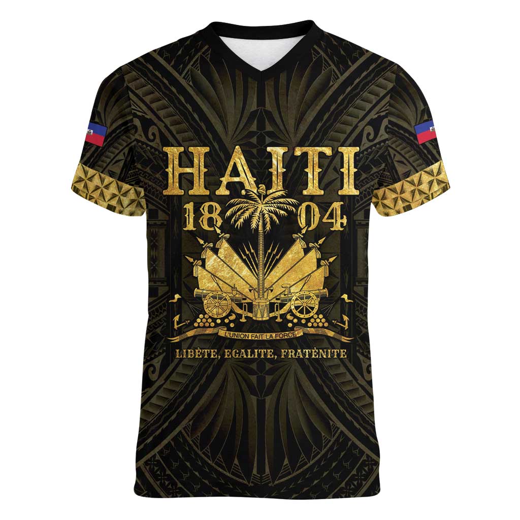 Haiti 1804 Women V-Neck T-Shirt Polynesian Gold Neg Maron