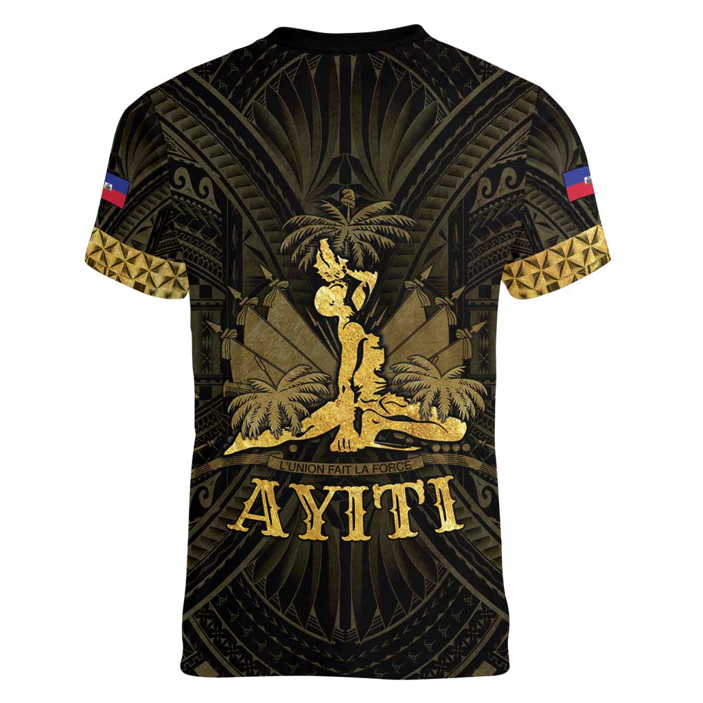 Haiti 1804 Women V-Neck T-Shirt Polynesian Gold Neg Maron