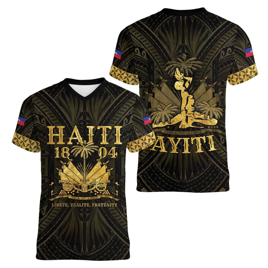 Haiti 1804 Women V-Neck T-Shirt Polynesian Gold Neg Maron