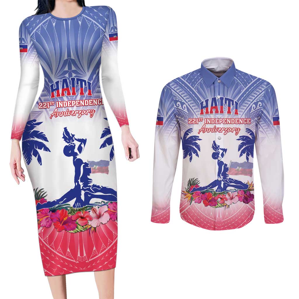 Personalised Haiti Independence Day Couples Matching Long Sleeve Bodycon Dress and Long Sleeve Button Shirt Neg Maron Polynesian Style LT05