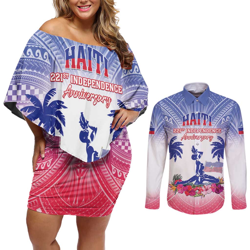 Personalised Haiti Independence Day Couples Matching Off Shoulder Short Dress and Long Sleeve Button Shirt Neg Maron Polynesian Style LT05
