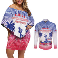 Personalised Haiti Independence Day Couples Matching Off Shoulder Short Dress and Long Sleeve Button Shirt Neg Maron Polynesian Style LT05