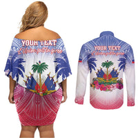 Personalised Haiti Independence Day Couples Matching Off Shoulder Short Dress and Long Sleeve Button Shirt Neg Maron Polynesian Style LT05