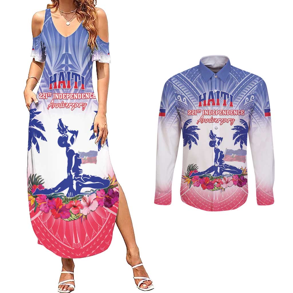 Personalised Haiti Independence Day Couples Matching Summer Maxi Dress and Long Sleeve Button Shirt Neg Maron Polynesian Style LT05
