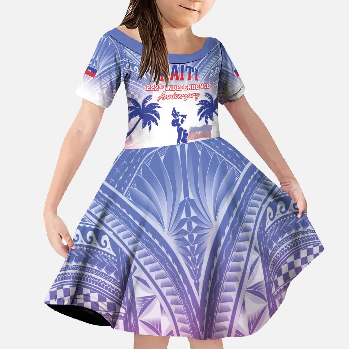 Personalised Haiti Independence Day Family Matching Off The Shoulder Long Sleeve Dress and Hawaiian Shirt Neg Maron Polynesian Style LT05 Daughter's Dress Blue - Polynesian Pride